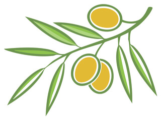 Elegant Olive Branch Illustration with Ripe Fruits and Green Leaves in a Stylized Design
