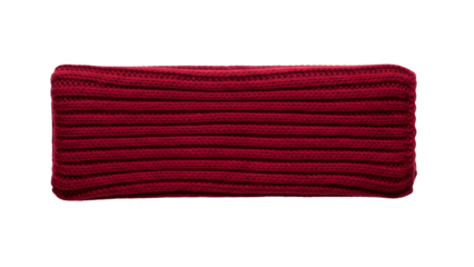 Rich red knitted accessory displays prominent horizontal ribbed texture against a dark background