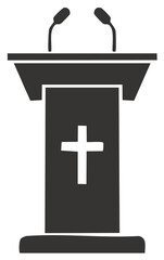 Podium with Microphones for Public Speaking and Cross Symbol for Christian Sermon in Church