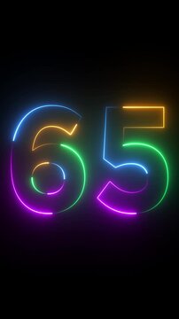 Neon glowing text 65 number animation on black background.65 number neon bright blue red and orrange color.Shining green neon number sixty five animation.