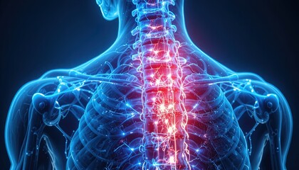 Stunning 3D render of human anatomy with spine pain, perfect for medical education, healthcare marketing, or pharmaceutical advertising campaigns