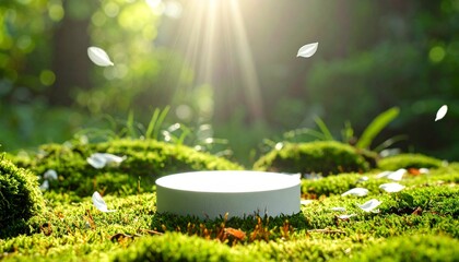 Serene natural podium bathed in sunlight, surrounded by lush green moss and delicate falling petals, creating a tranquil outdoor scene