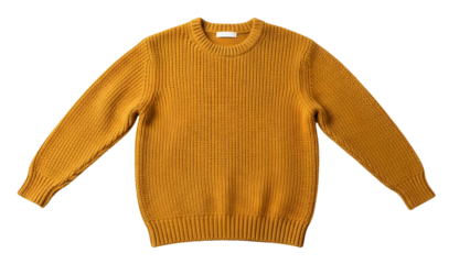 Warm mustard yellow knitted garment featuring long sleeves and a crew neckline is displayed against a solid black background.