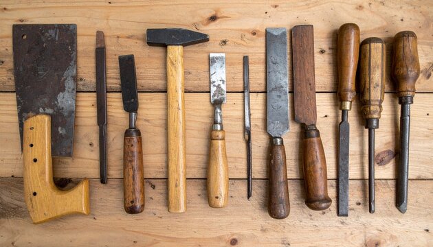 Collection of Vintage Woodworking Tools on Table - Powered by Adobe