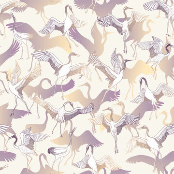 Vector seamless pattern of dancing crane birds. Gold hand drawn sketches on a beige background