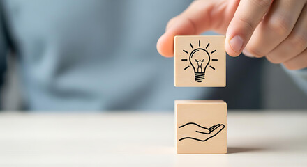 Creative problem solving concept with lightbulb and hand icons on wooden blocks, symbolizing innovative ideas and solutions, perfect for business presentations