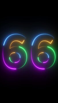 Neon glowing text 66 number animation on black background.66 number neon bright blue red and orrange color.Shining green neon number sixty six animation.