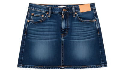 Fashionable dark wash denim mini skirt displayed against a solid black background