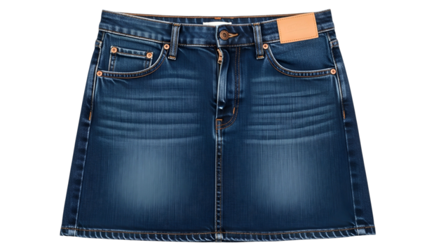 Fashionable dark wash denim mini skirt displayed against a solid black background