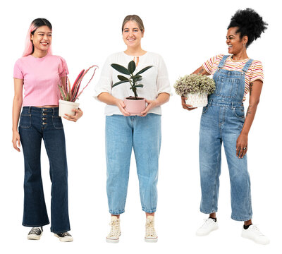 Png happy plant ladies mockup with potted houseplant