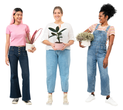 Png happy plant ladies mockup with potted houseplant