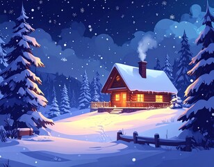 Fototapeta premium Cozy illuminated cabin in a snowy forest at night with falling snowflakes