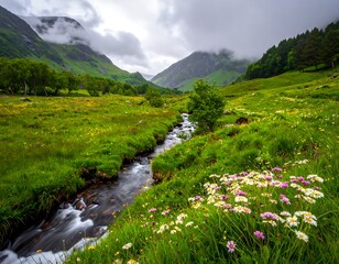 Fototapeta premium Lush green valley with a stream winding through wildflowers & mountains