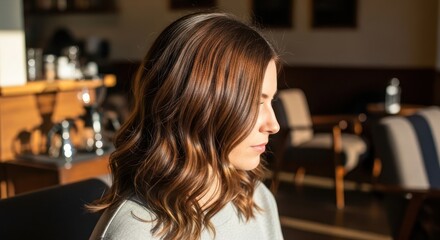 Portrait of a contemplative woman with highlights in a cafe setting, sunlight casting shadows with