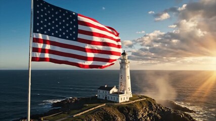 American Flag Waves Proudly Over White Lighthouse At Sunrise with Blue Ocean Background