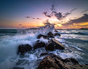 Obraz premium Dramatic sunset scene with ocean waves crashing onto rocky shore