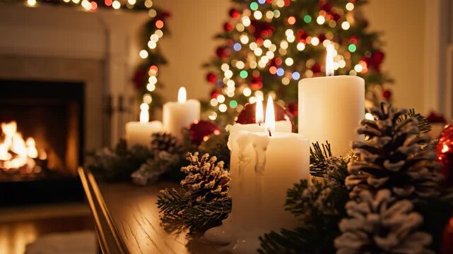 Candles and pinecones &mdash; elegant festive still life