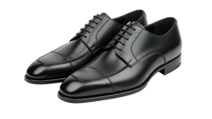 Polished black leather dress shoes display sharp craftsmanship against a dark background