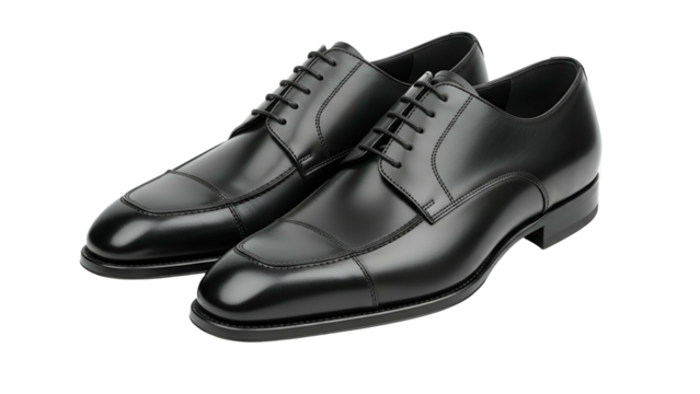 Polished black leather dress shoes display sharp craftsmanship against a dark background
