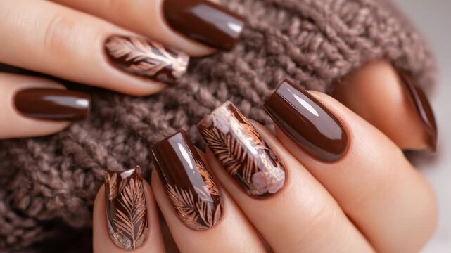 A close-up shot captures a hand showcasing a beautifully manicured set of nails, featuring a luxurious dark brown polish. Several nails are adorned with an intricate, shimmering metallic rose gold lea