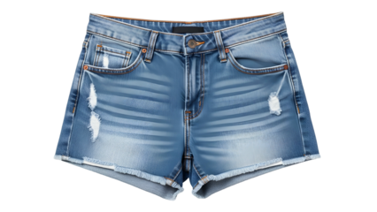 Lightly distressed blue denim shorts feature frayed edges and whiskering details isolated on a black background.