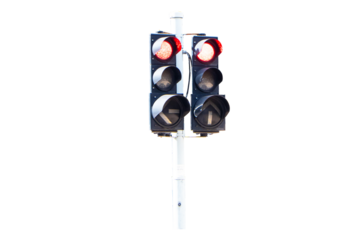 Traffic light show green, red, yellow light attached to steel poles isolated on cutout PNG or transparent background.. Signal stoplight device various road intersections.Traffic lights help organize.