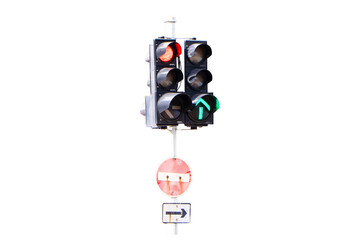 Traffic light show green, red, yellow light attached to steel poles. Signal stoplight device various road intersections. Isolated on cutout PNG or transparent background.Traffic lights help organize. 