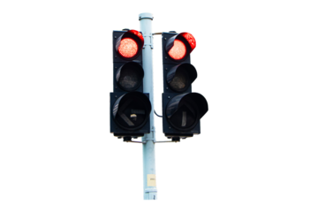 Traffic light show green, red, yellow light attached to steel poles. Signal stoplight device various road intersections.Traffic lights help organize. Isolated on cutout PNG or transparent background.