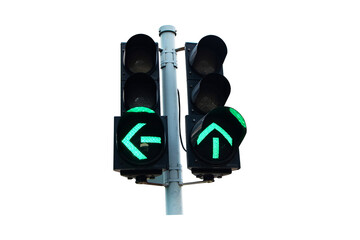 Traffic light show green, red, yellow light attached to steel poles isolated on cutout PNG or transparent background. Signal stoplight device various road intersections.Traffic lights help organize.