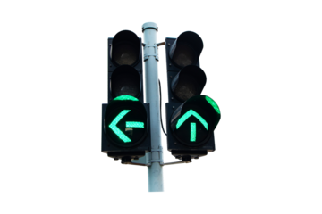 Traffic light show green, red, yellow light attached to steel poles isolated on cutout PNG or transparent background. Signal stoplight device various road intersections.Traffic lights help organize.