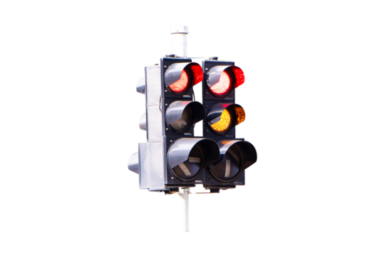 Traffic lights with red and yellow light lit hanging on steel pole isolated on cut out PNG or transparent background. Safety with people to travel. Sign or symbol pedestrians allowed crossing road. - Powered by Adobe