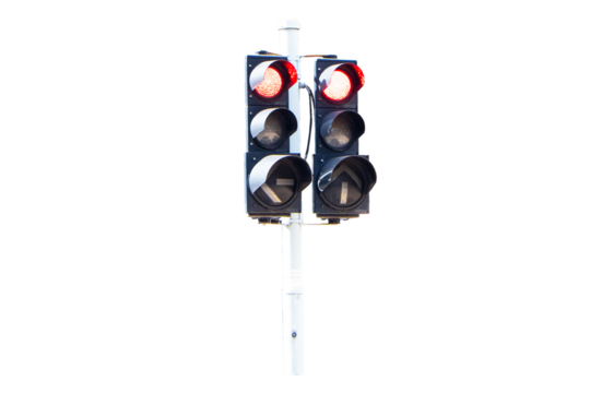 Traffic light show green, red, yellow light attached to steel poles isolated on cutout PNG or transparent background.. Signal stoplight device various road intersections.Traffic lights help organize.
