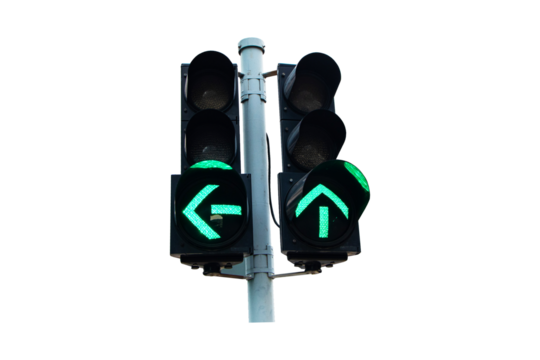 Traffic light show green, red, yellow light attached to steel poles isolated on cutout PNG or transparent background. Signal stoplight device various road intersections.Traffic lights help organize.