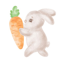 Cute little bunny with carrot. Watercolor rabbit illustration for Easter design. Hand-drawn isolated adorable hare. Smiling character for baby shower. Clip art funny forest animal for greeting card.

