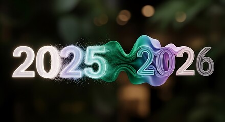 Vibrant transition from 2025 to 2026 with flowing colors for modern business planning and fresh start concepts, perfect for new year marketing