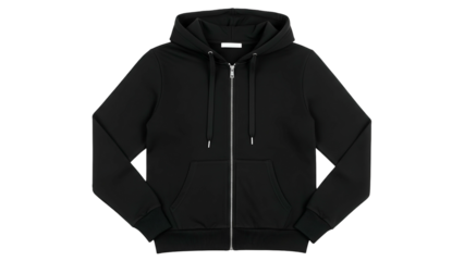 Plain black hooded garment with silver zipper displayed against a dark background