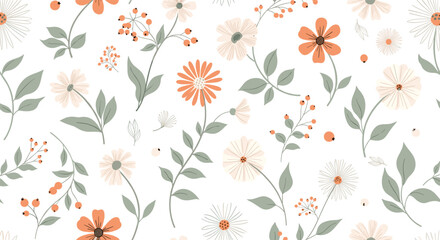 Fototapeta premium Delicate seamless floral pattern with blooming white and orange flowers, sage green leaves, and berries on a white background.