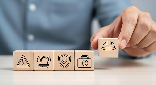 Promoting safety protocols with wooden block icons, a symbol of workplace security and accident prevention, promoting a culture of care and well being