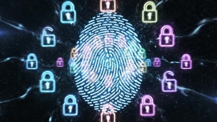 Digital Fingerprint Security with Colorful Padlocks in Cosmic Background - Powered by Adobe