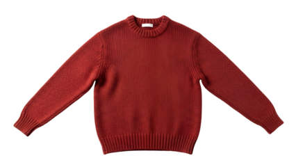 Brick red knit crewneck garment displayed against a solid black background
