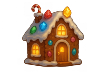 Whimsical gingerbread house artwork with candy decorations and glowing windows, transparent background