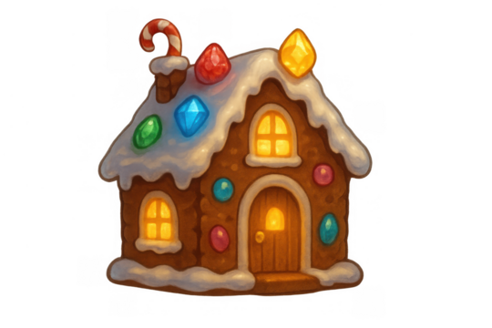 Whimsical gingerbread house artwork with candy decorations and glowing windows, transparent background