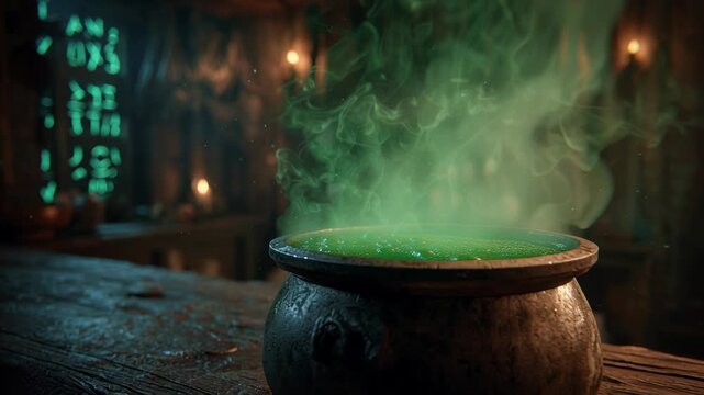 Mystical green potion brewing in ancient cauldron with glowing runes