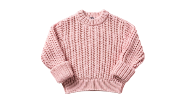 Chunky knit garment featuring prominent ribbing and folded cuffs rests against a solid dark background