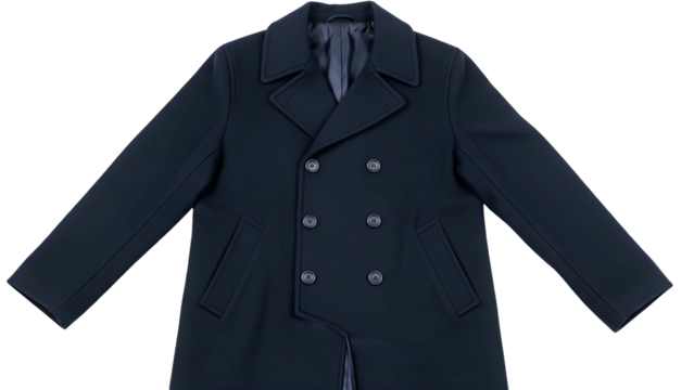 Dark navy blue double breasted overcoat displayed against a solid black background