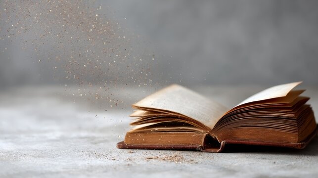 Lowangle shot of an open leatherbound antique book resting on aged stone with glowing dust particles floating upward, creating a mystical and timeless atmosphere with ample copy space
