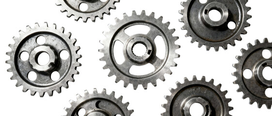 精密に並んだ金属ギアのトップビュー構図で表現する機械的デザイン｜背景なし・透過PNG・コピースペース