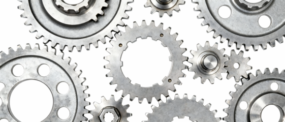 精密に並んだ金属ギアのトップビュー構図で表現する機械的デザイン｜背景なし・透過PNG・コピースペース
