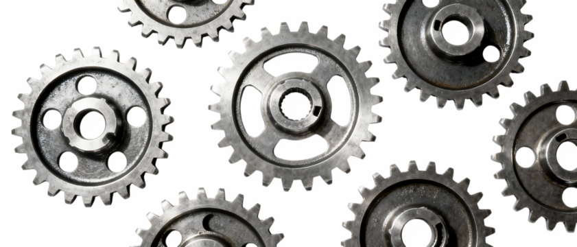 精密に並んだ金属ギアのトップビュー構図で表現する機械的デザイン｜背景なし・透過PNG・コピースペース