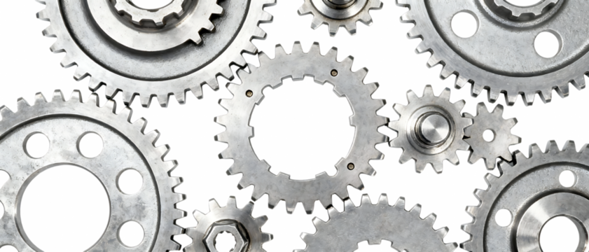 精密に並んだ金属ギアのトップビュー構図で表現する機械的デザイン｜背景なし・透過PNG・コピースペース